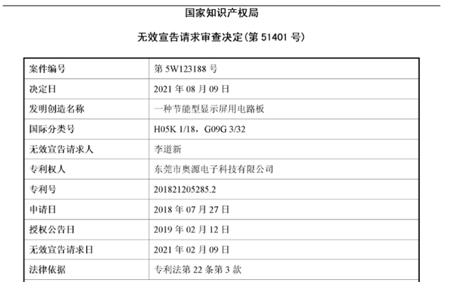 國知局宣告奧源電子“一種節能型顯示屏用電路板”專利全部無效