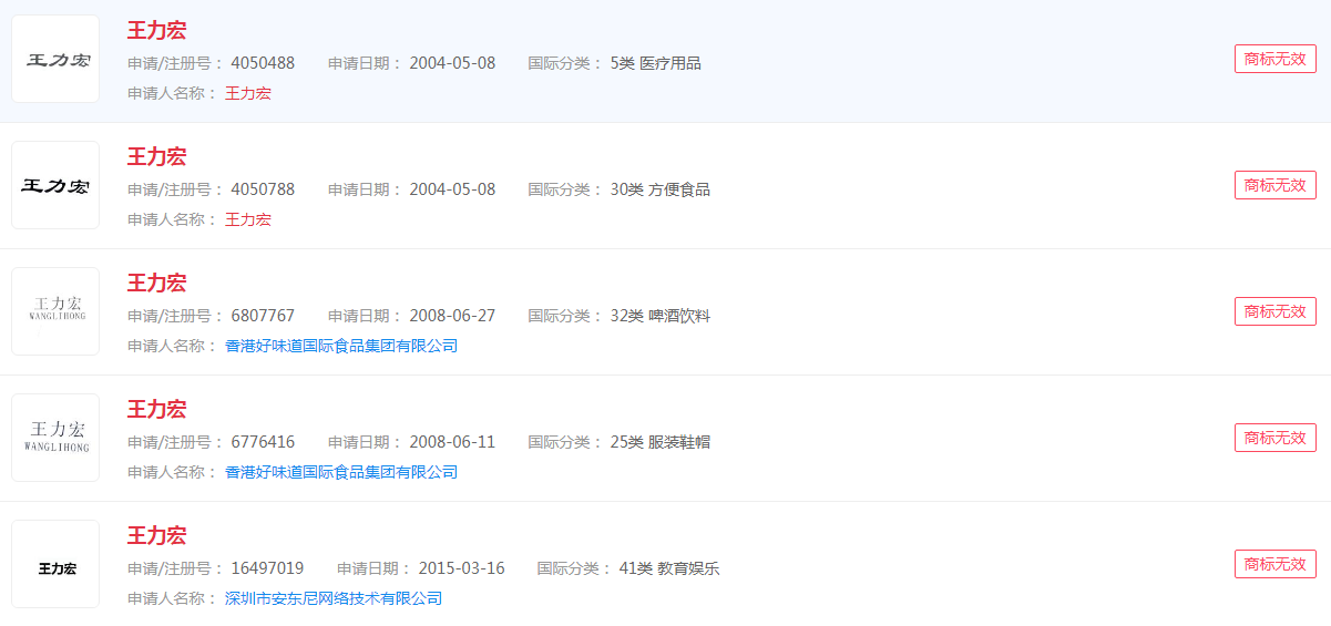 申請“王力宏”商標注冊，狀態(tài)顯示無效