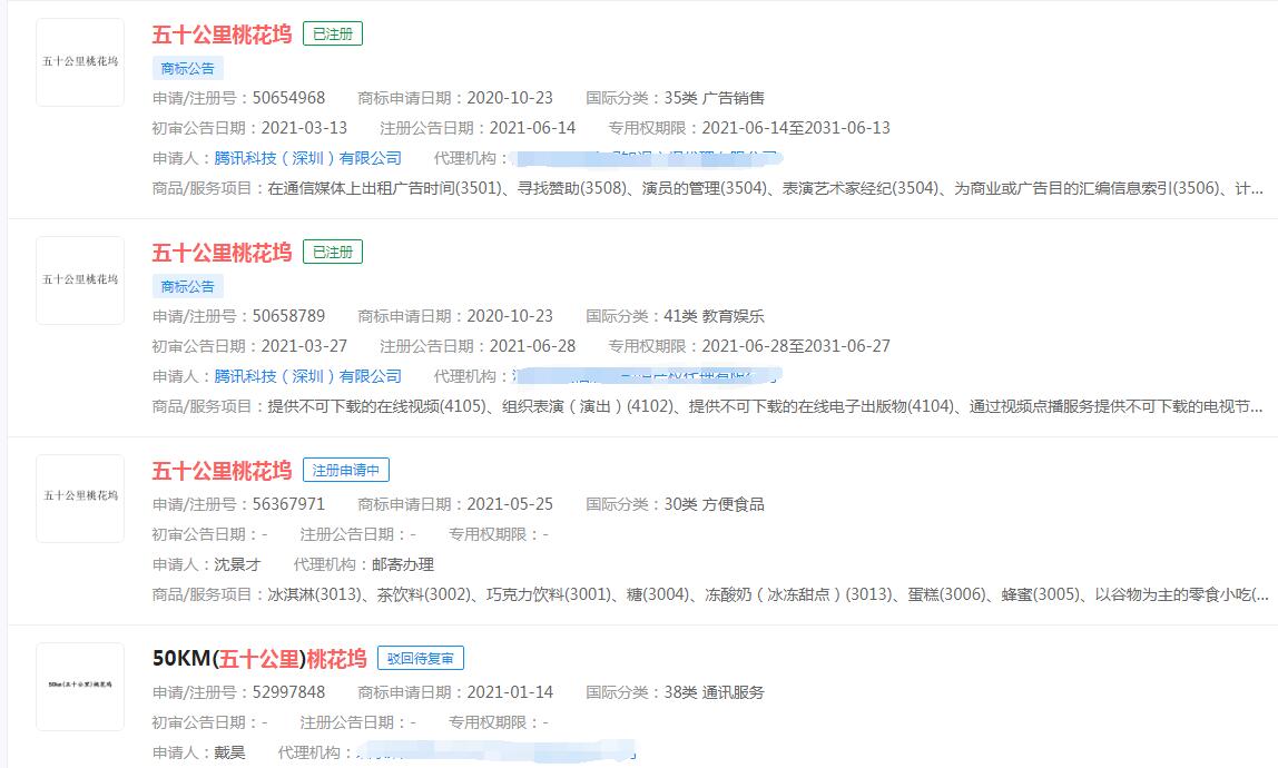 騰訊成功注冊(cè)“五十公里桃花塢”商標(biāo)，分類涉及教育和廣告