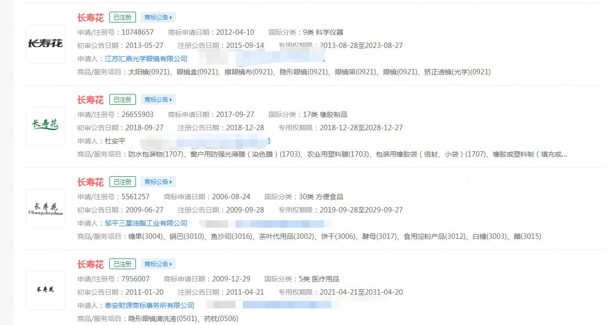 長壽花食品擬A股掛牌上市，“長壽花”已被不同公司注冊商標